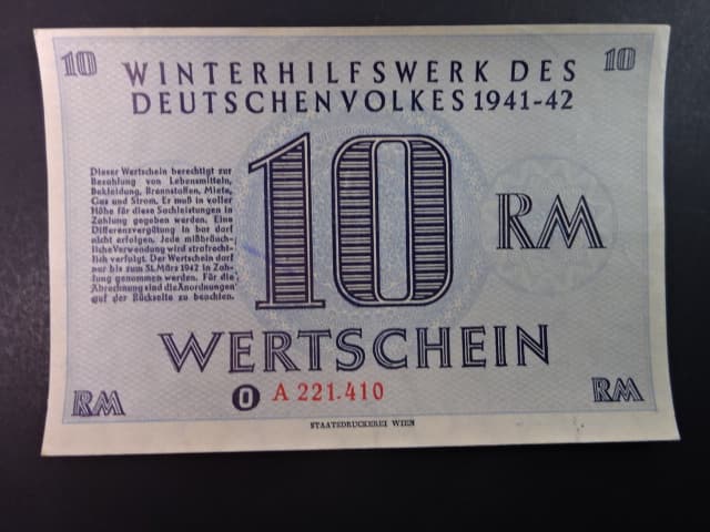 Winterhilfswerk 1934-1944 (Zimní pomoc), 10 RM 1941/1942 série A, Ro. 738, Grab. WHW-36