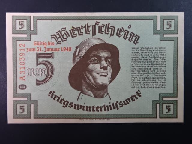 Winterhilfswerk 1934-1944 (Zimní pomoc), 5 RM 1939/1940 série A Gultig bis zum 31.Januar 1940, Ro. 710, Grab. WHW-11