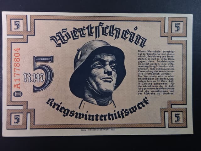 Winterhilfswerk 1934-1944 (Zimní pomoc), 5 RM 1939/1940 série A Reihe II, Ro. 713, Grab. WHW-14