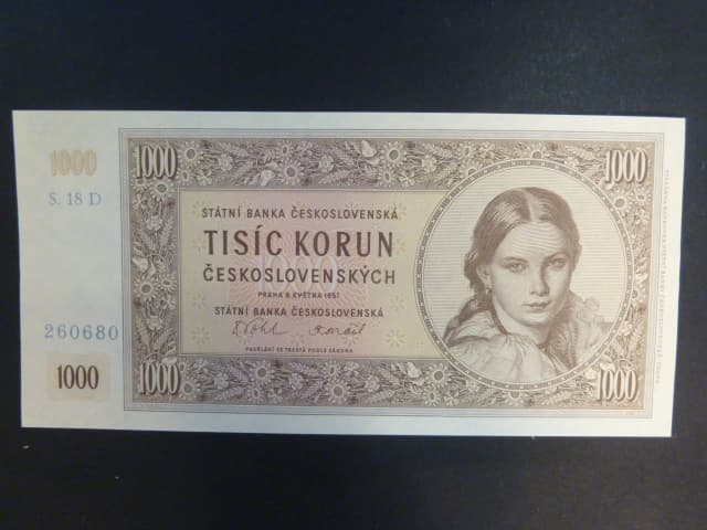 1000 Kčs 9.5.1951 nevydaná, série 18 D, mimořádně vzácná, mezi sběrateli jen pár kusů