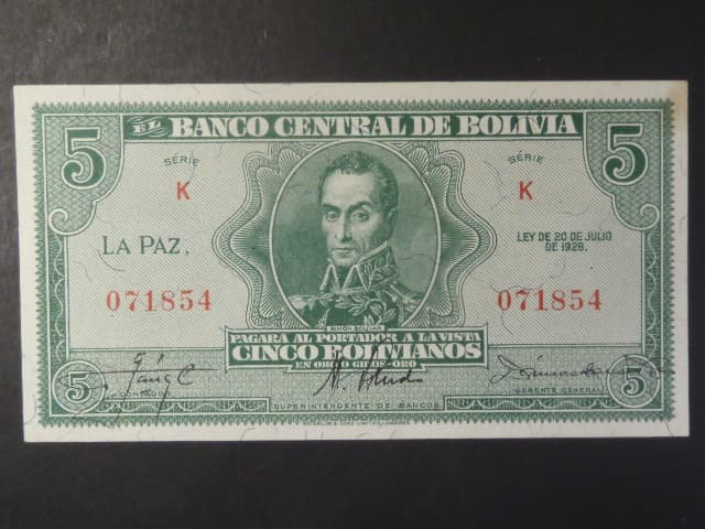 BOLÍVIE, 5 Bolivianos 1928, BNB. B318b, Pi. 129