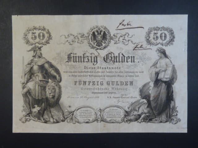 50 Gulden 1866 bez čísla a série, hlavní tisk šedou barvou,  ručním nápisem "Probe" na lícní (2×) i rubové straně