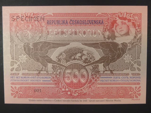 500 Kčs 1919 série 001 bez čísla s perforací SPECIMEN novotisk vydaný STC pro ČNB ke 160.výročí narození Alfonse Muchy v Ivančicích, bez UV tisku