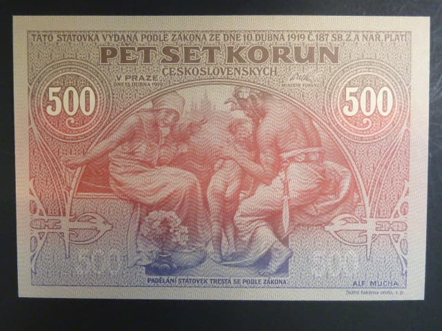500 Kčs 1919 série 001 000070 novotisk vydaný STC pro město Ivančice ke 160.výročí narození Alfonse Muchy v Ivančicích