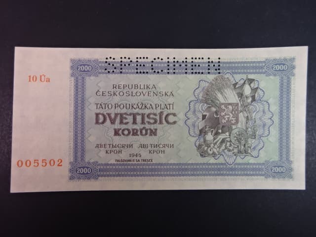 2000 K 1945 série 10 Úa, perf. SPECIMEN nahoře, poloha vodoznaku A