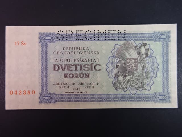 2000 K 1945 série 17 Šv, perf. SPECIMEN nahoře, poloha vodoznaku A