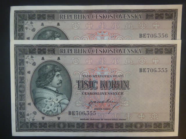 1000 Kčs 1945 série BE, 2 ks s čísly po sobě
