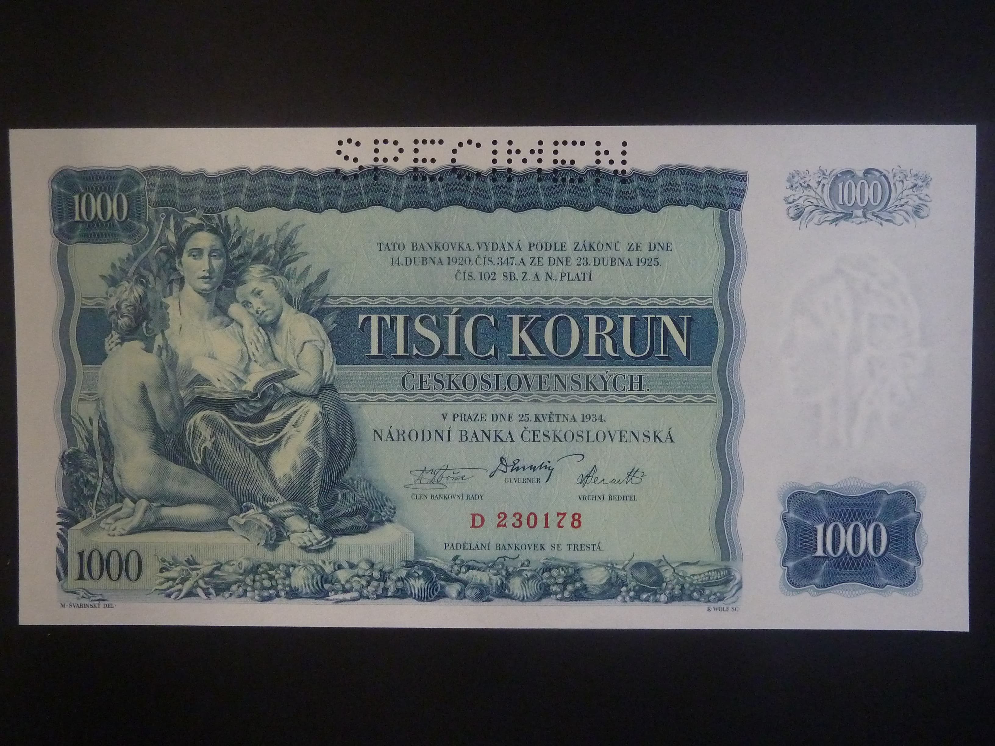 1000 Kč 1934 série D, 1x perf. SPECIMEN