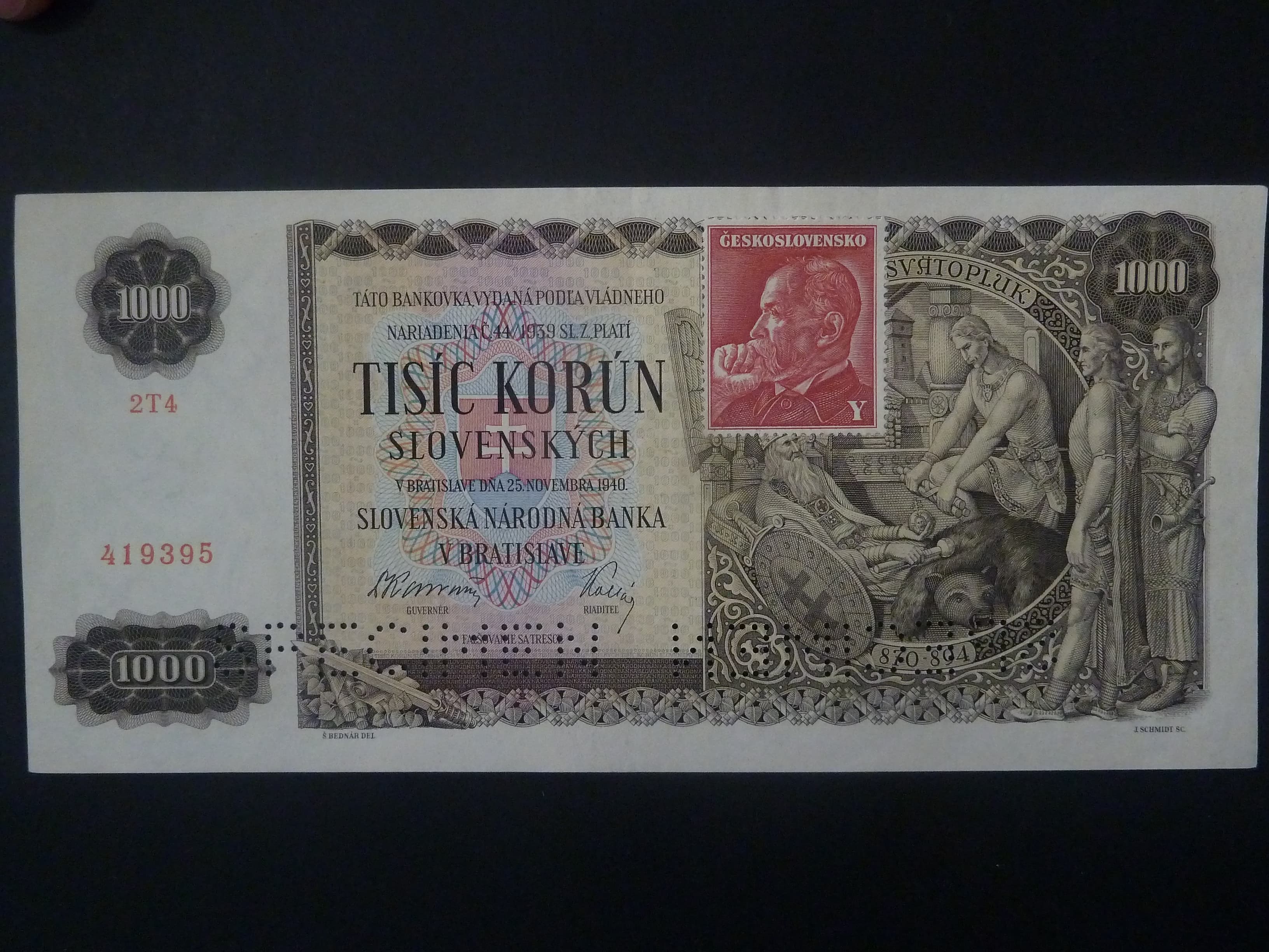 1000 Ks 1940, kolkovaná série 2T4, 2x perf. SPECIMEN dole