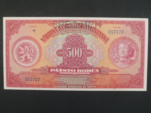 500 Kč 1929 série H, 1x perf. SPECIMEN