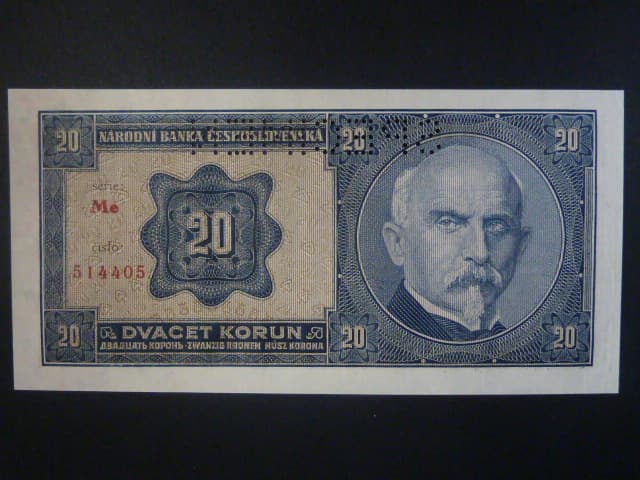 20 Kč 1926 série Me, perf. SPECIMEN z líce