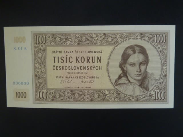1000 Kčs 1951 série A 01 000000 anulát novotisk vydaný STC ve spolupráci s ČNB, papír s vodoznakem, kvalitní tisk, dárkový obal