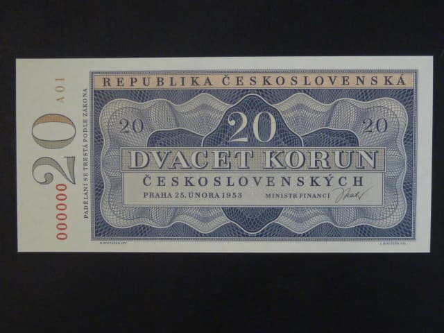 20 Kčs 1953 série A 01 000000 novotisk vydaný STC ve spolupráci s ČNB, papír s vodoznakem, kvalitní tisk, dárkový obal