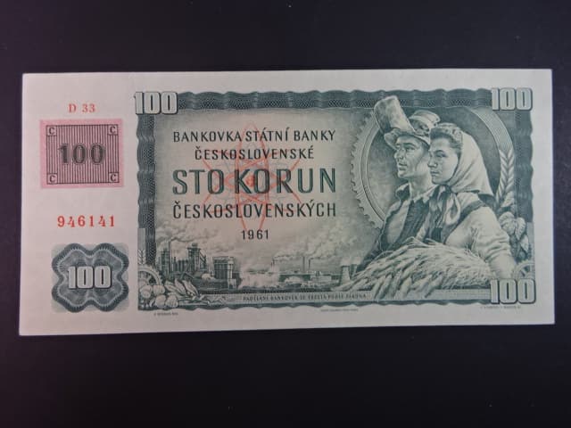 100 Kč 1961/1993 série D 33, kolek, natrž. v horním okraji 1 cm