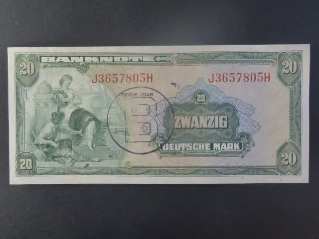 Vydání pro Berlín, 20 Deutsche Mark 1948 série J/H s přetiskem B, Ros. 241, Grab. WBZ-18a