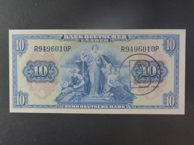 Vydání pro Berlín, 10 Deutsche Mark 1949 série R/P s přetiskem B, Ros. 259, Grab. WBZ-26a