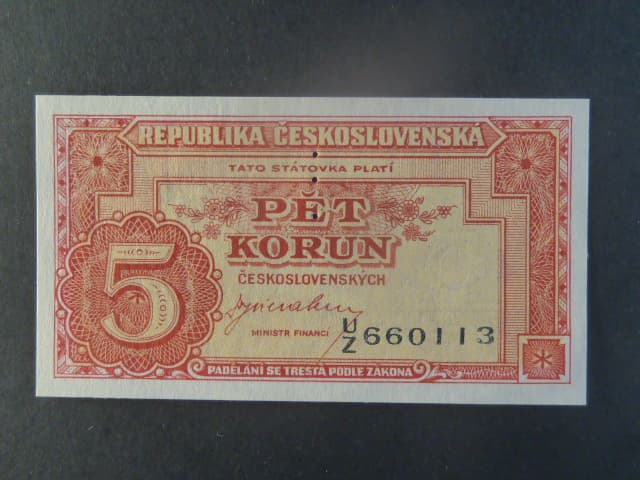 5 Kčs 1945 série U/Z, perf. "3md" nad sebou
