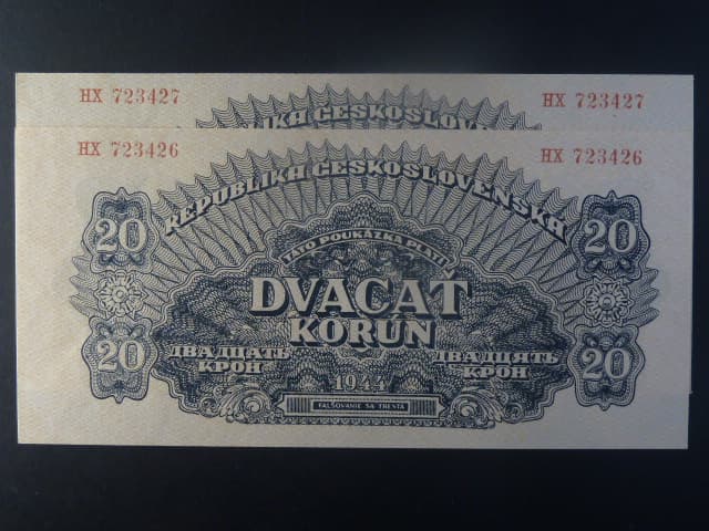 20 K 1944 série HX, číslovač 8, dva kusy s čísly po sobě