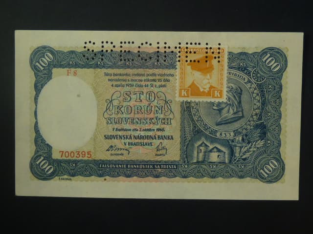 100 Ks 1940 II.vydání, kolkovaná série F 8, perf. SPECIMEN nahoře