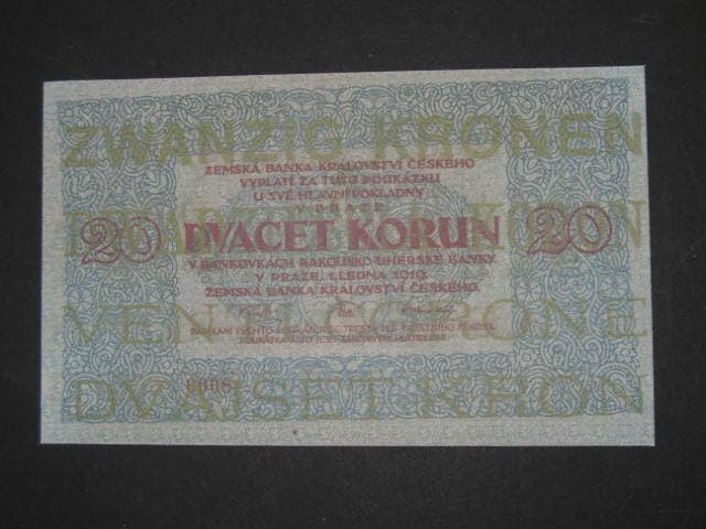 20 K 1919 poukázka království českého, s jazykovým hodnotovým přítiskem, nevydaná, oboustranná