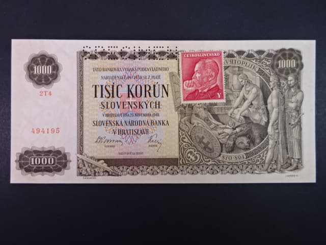 1000 Ks 1940, kolkovaná série 2T4, perf. SPECIMEN nahoře
