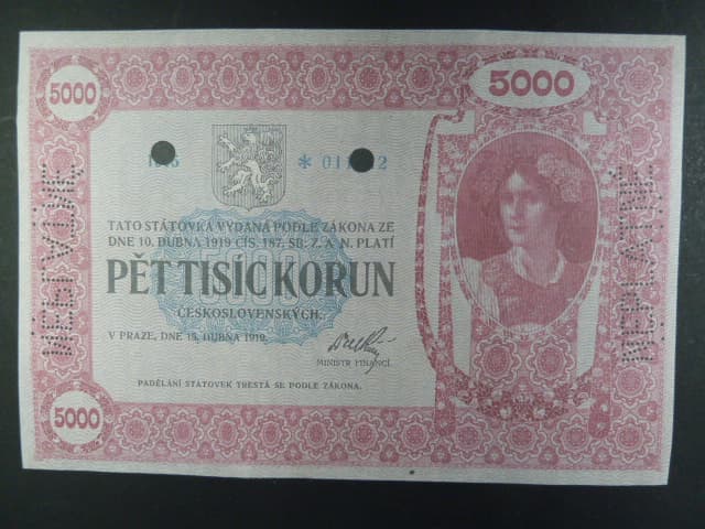 5000 Kč 1919, nejzachovanější známý kus, oboustranná
