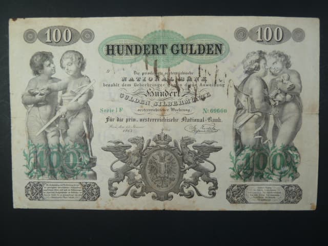 100 Gulden 1863 série IF, na R raz. WERTHLOS ECHT .... Grofl