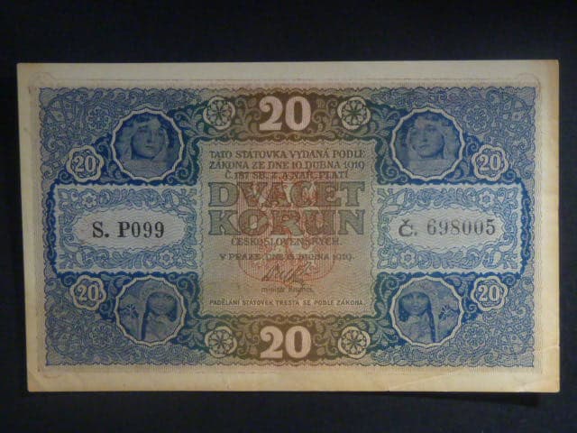 20 Kč 1919 série P 099, zažlotlý okraj
