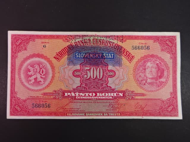 500 Ks 1929/1939 s přetiskem série G, perf. 1x SPECIMEN nahoře