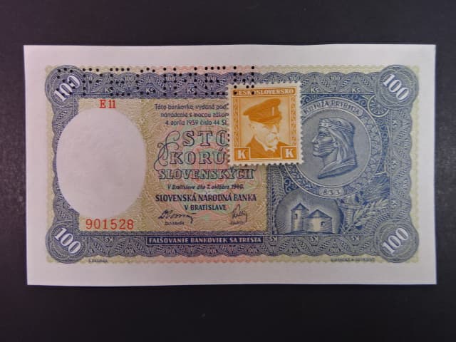 100 Ks 1940 I.vydání, kolkovaná série E 11, perf. SPECIMEN nahoře