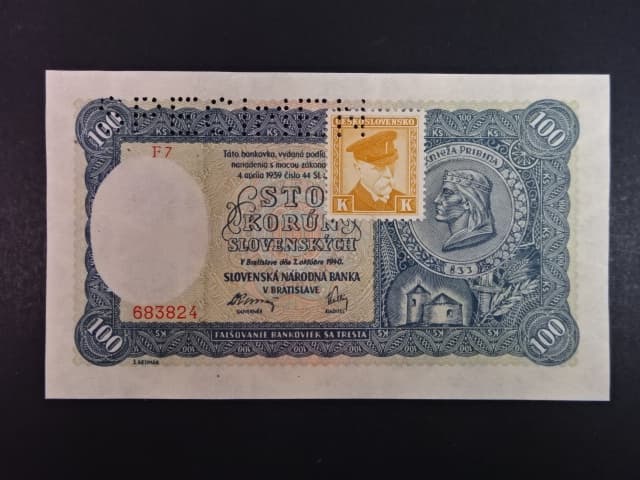 100 Ks 1940 II.vydání, kolkovaná série F 7, perf. SPECIMEN nahoře