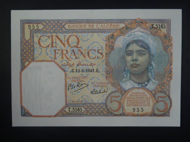 ALŽÍR, 5 Francs 1941, BNB. B123d, Pi. 77b