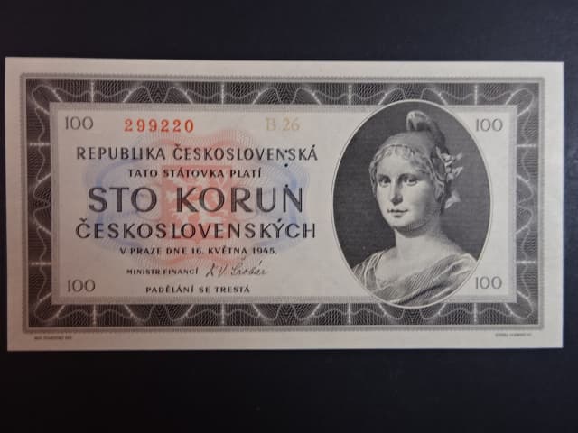 100 Kčs 1945 série B 26, perf. "3md" nad sebou