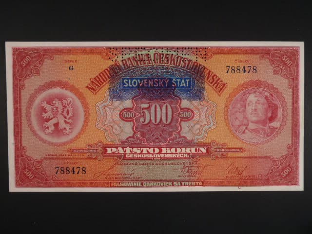 500 Ks 1929/1939 s přetiskem série G, perf. 1x SPECIMEN nahoře