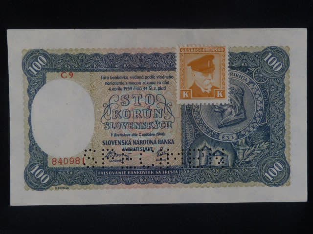 100 Ks 1940 II.vydání, kolkovaná série C 9, perf. SPECIMEN dole