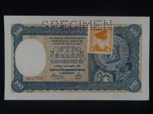 100 Ks 1940 II.vydání, kolkovaná série D 4, perf. SPECIMEN nahoře