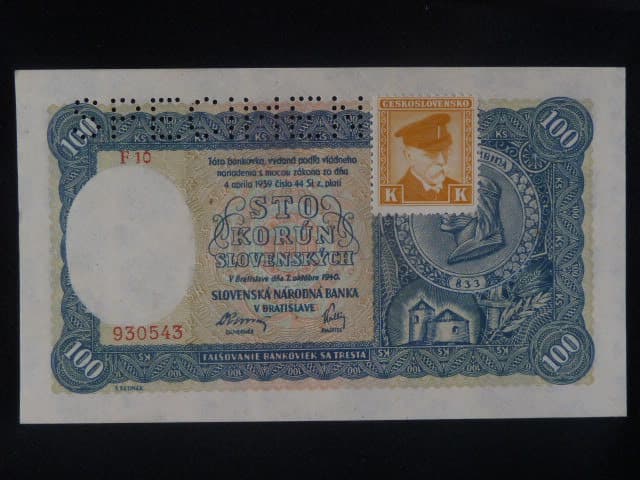 100 Ks 1940 II.vydání, kolkovaná série F 10, perf. SPECIMEN nahoře