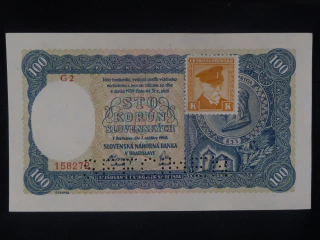 100 Ks 1940 II.vydání, kolkovaná série G 2, perf. SPECIMEN dole