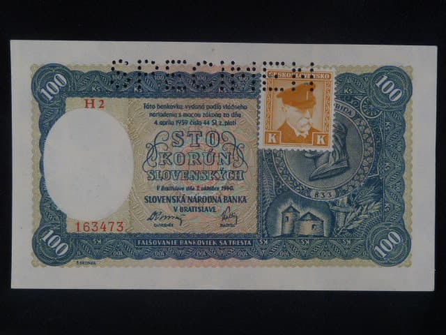 100 Ks 1940 II.vydání, kolkovaná série H 2, perf. SPECIMEN nahoře