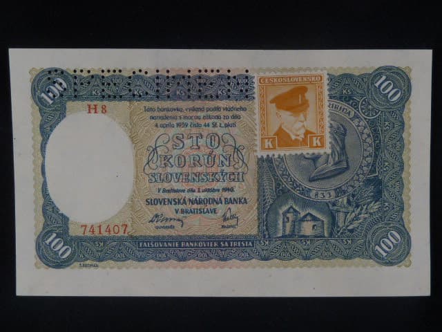 100 Ks 1940 II.vydání, kolkovaná série H 8, perf. SPECIMEN nahoře