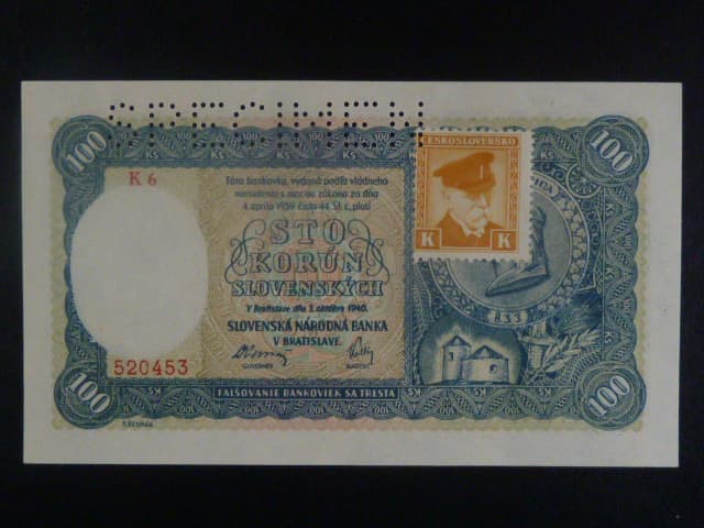 100 Ks 1940 II.vydání, kolkovaná série K 6, perf. SPECIMEN nahoře
