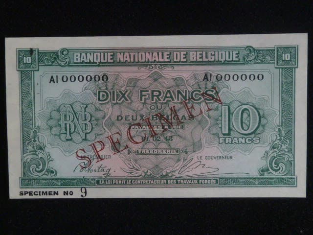 10 Francs/2 Belgas 1943, SPECIMEN anulát, BNB. B570as2, Pi. 122
