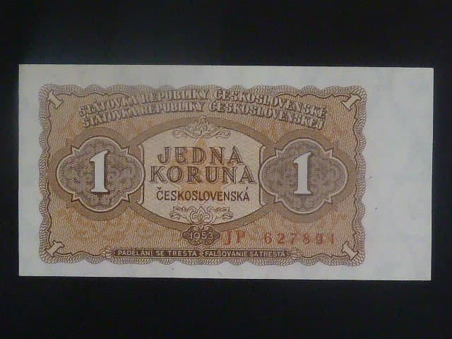 1 Kčs 1953 série JP, vélké písmena, tiskárna STC Praha