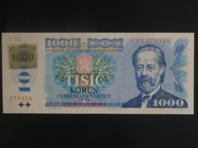 1000 Kč 1985/1993 série U 05 I.deska, kolek lepený