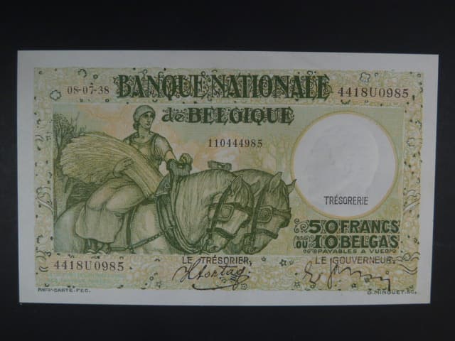50 Francs/10 Belgas 8.7.1938, BNB. B557c, Pi. 106