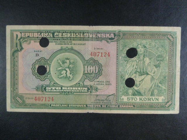 100 Kč 1920 série D, perf. SPECIMEN + 4x skartační otvor