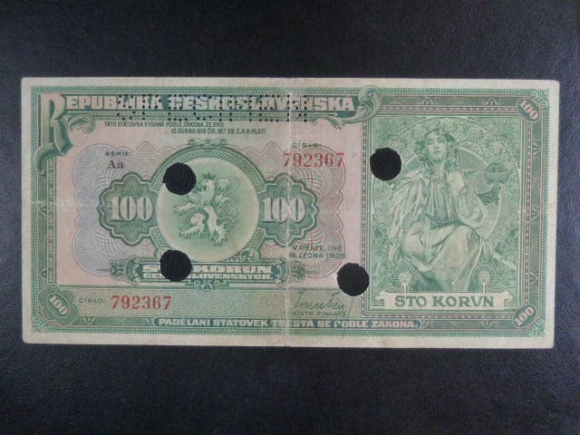 100 Kč 1920 série Aa, perf. SPECIMEN + 4x skartační otvor
