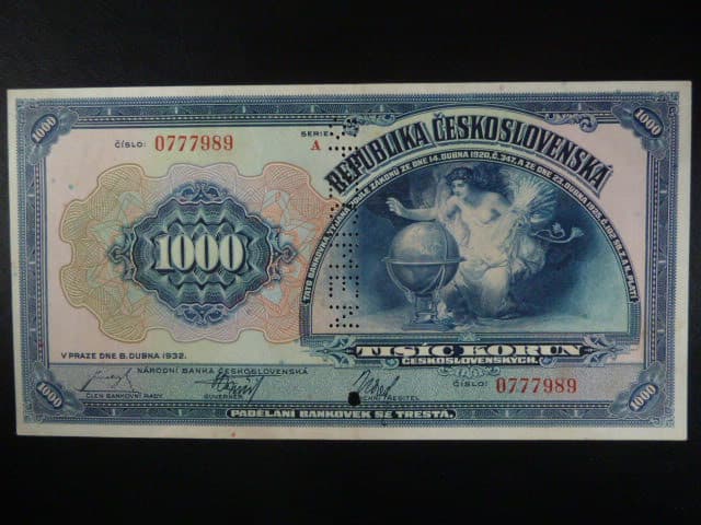 1000 Kč 1932 série A, bankovní vzor se svislou perf. SPECIMEN +  otvor