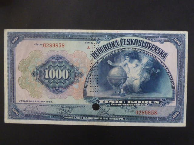1000 Kč 1932 série A, bankovní vzor se svislou perf. SPECIMEN +  perf- otvor 8mm