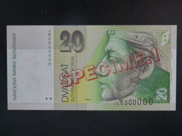 anulát - 20 Sk 1999 série J 00000000, číslo 00054 s přetiskem SPECIMEN